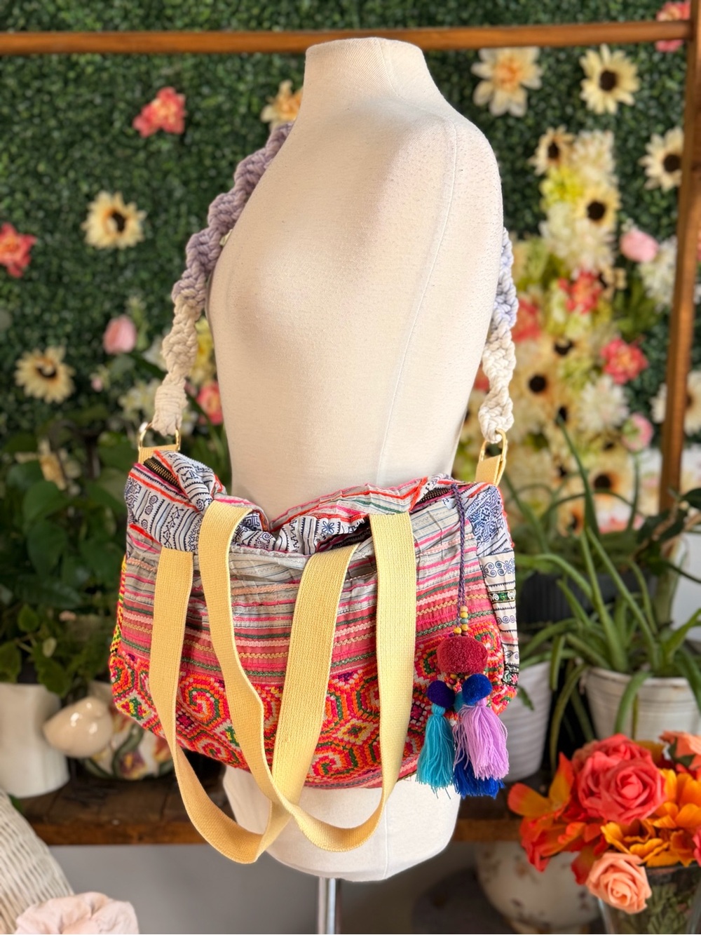 Free People X Tricia Fix Pink Blue Multicolor Woven Shoulder Bag w Tassel Charm